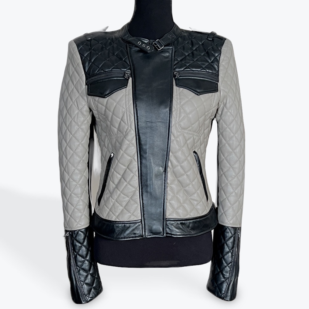 BCBGMAXAZRIA 'Keith' Quilted Lamb Leather Moto Jacket (Black/Taupe) Small $998